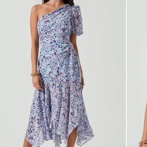 Santorini Floral One Shoulder Midi Dress Blue